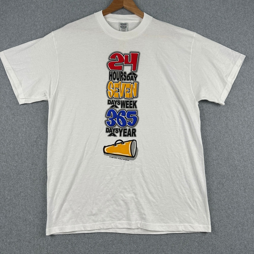 Vintage 90s Silver Mountain T Shirt Mens Large White Cheerleading 24‎ 7 365